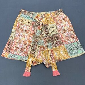 Jade Johnny Was 100% Linen Paisley Patchwork Tassel Tie Shorts Orange Pink Small